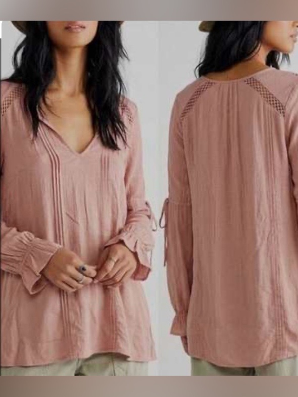 Free People Boho Peasant Top Tie-Detail Sleeves Dusty Rose Size XS